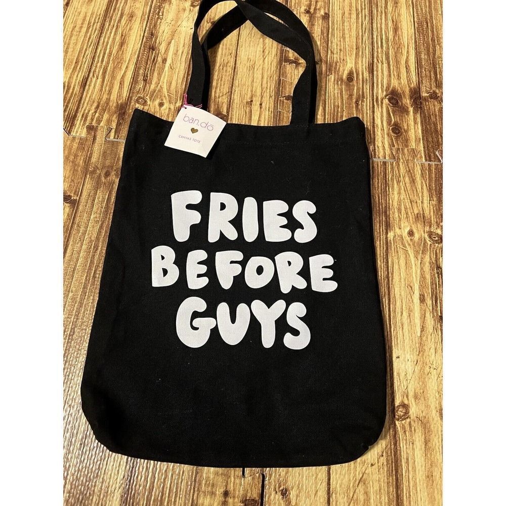 Bando Black Canvas Tote Bag with White Print "Fries Before Guys" - Picture 2 of 7